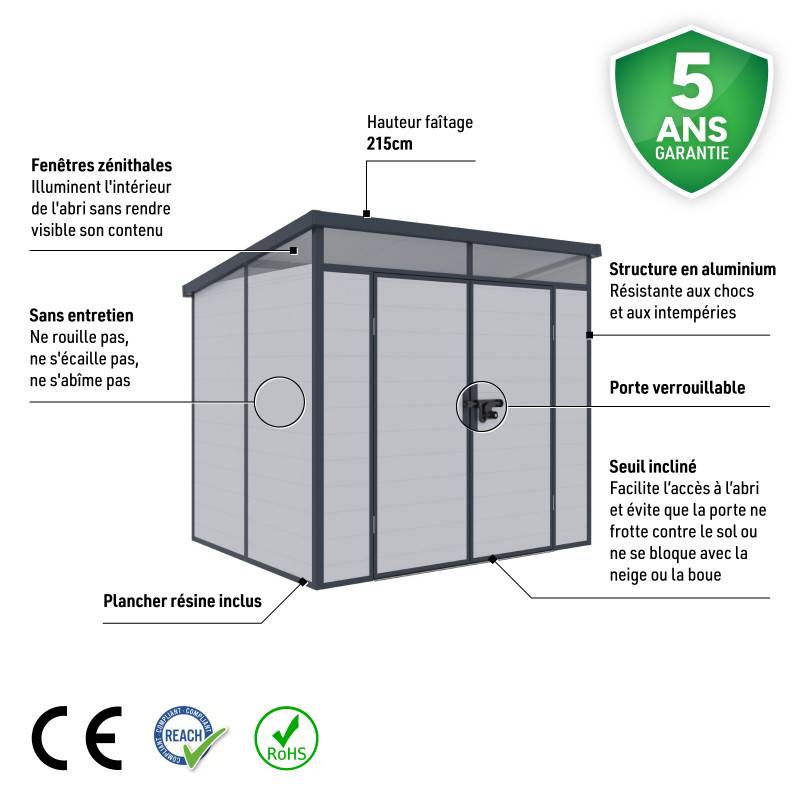 Jobu - Abri de jardin résine 4,10m² gris clair toit plat avec plancher Jôbu - Image 3