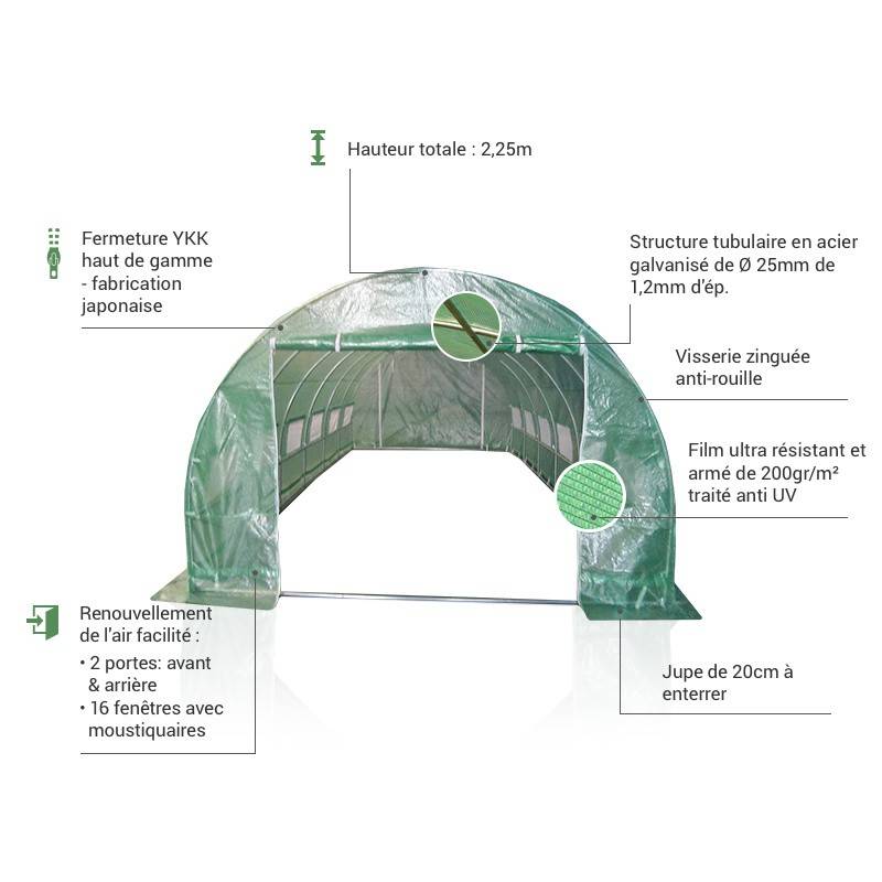Serre tunnel 24m² polyéthylène armé 200gr/m² 3x8m Green Protect vert avec 16 fenêtres et double porte zippée - Image 4