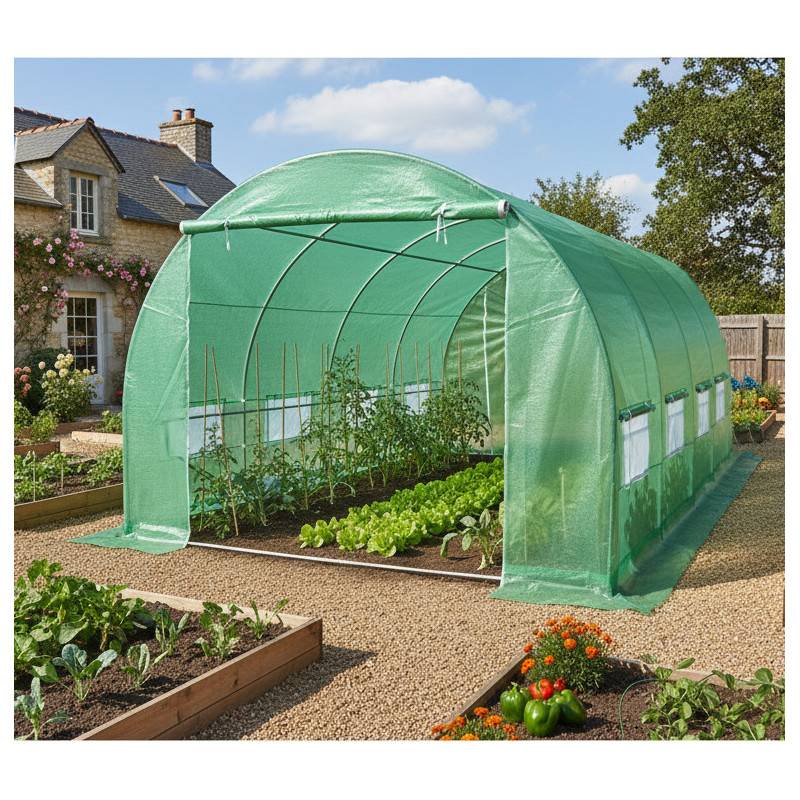 Serre tunnel 24m² polyéthylène armé 200gr/m² 3x8m Green Protect vert avec 16 fenêtres et double porte zippée - Image 2