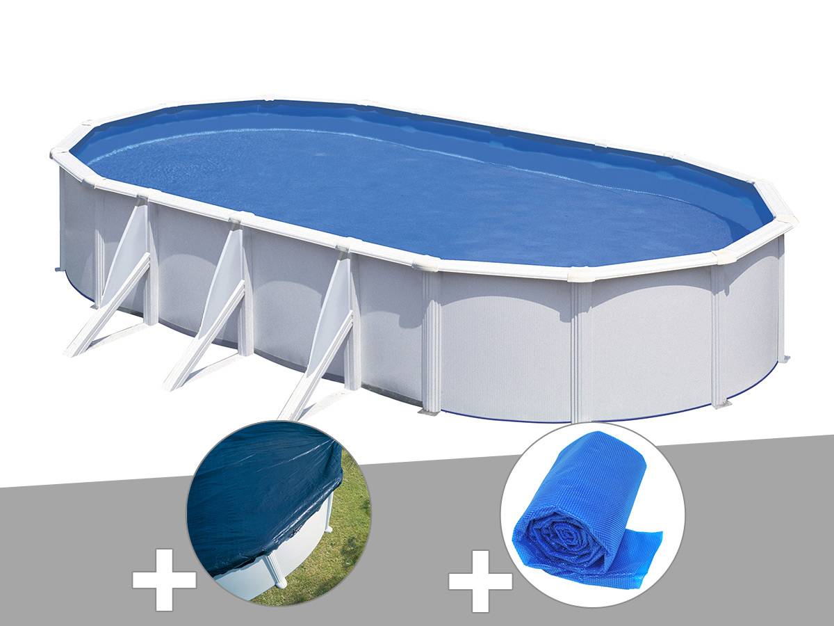 Gré - Kit piscine acier blanc Gré Fidji ovale 6,34 x 3,99 x 1,22 m + Bâche hiver + Bâche à bulles
