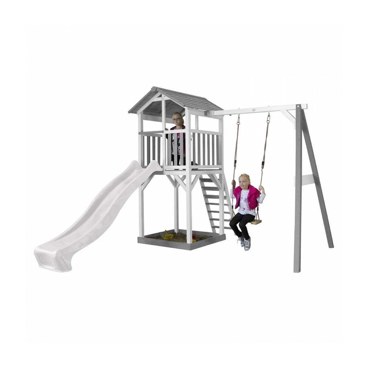 Structure de Jeu AXI Beach Tower en Bois Blanc et Gris avec Balançoire, Toboggan et Bac à Sable - Image 3