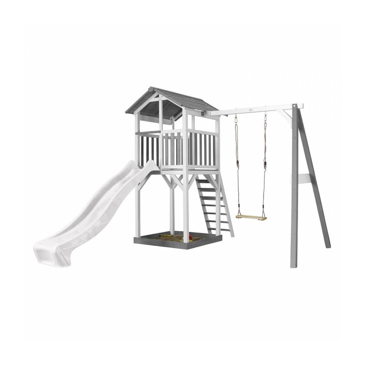 Structure de Jeu AXI Beach Tower en Bois Blanc et Gris avec Balançoire, Toboggan et Bac à Sable - Image 1
