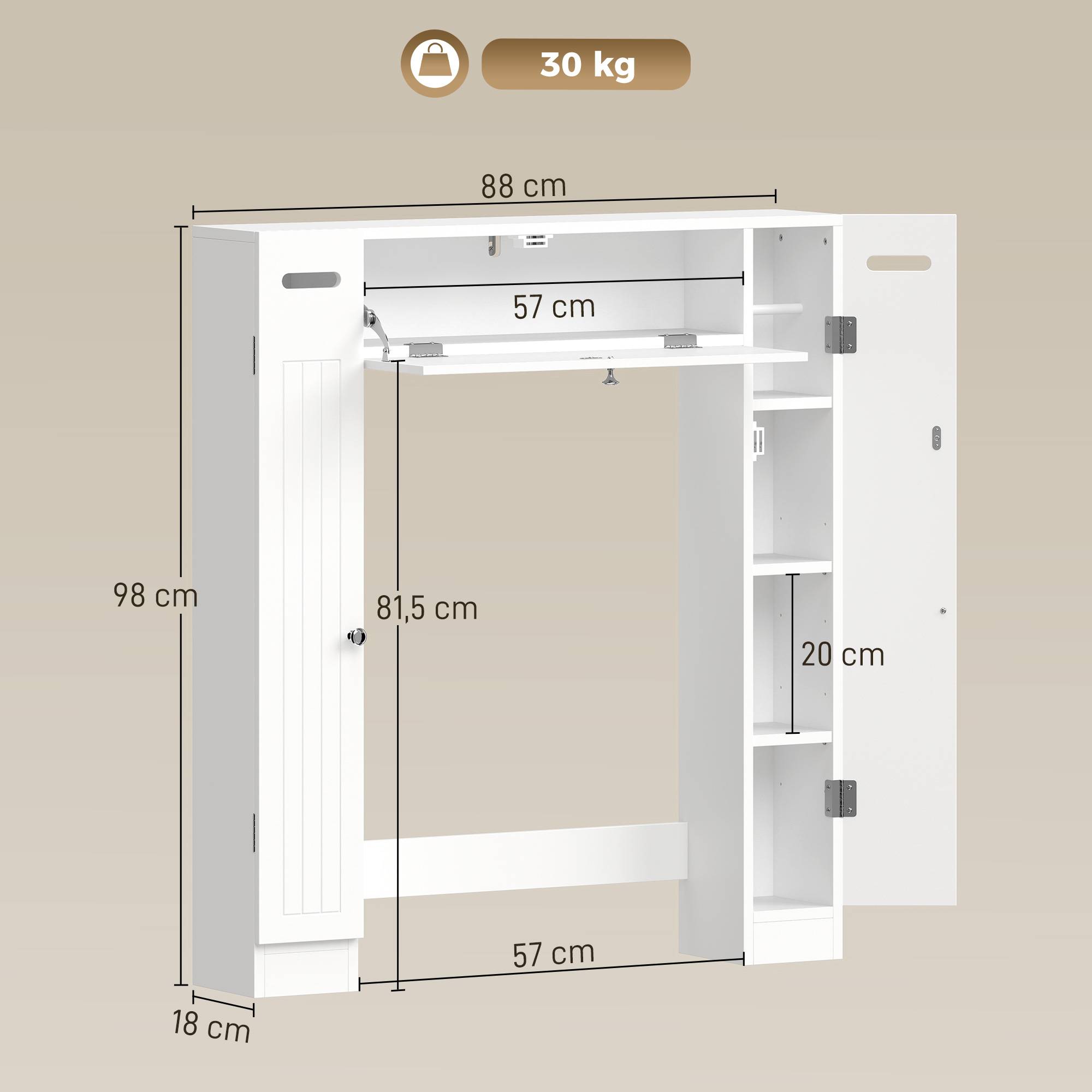 Sans Marque - Armoire inodore 2 compartiments porte-papiers supports réglables 88x18x98 cm blanche - Image 5