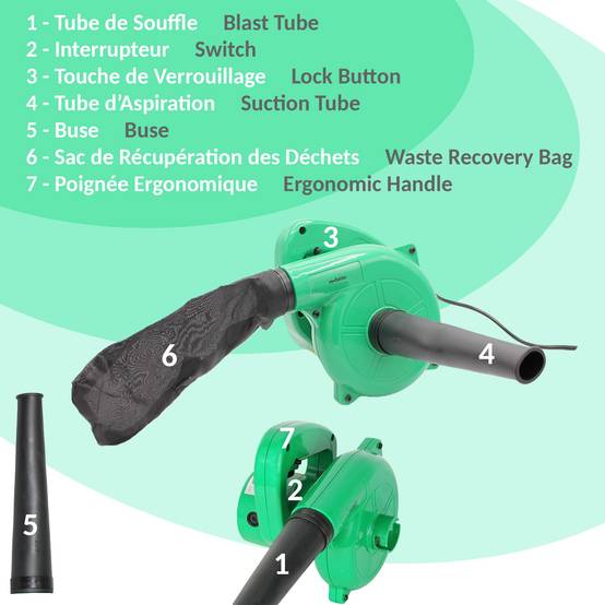 Mini Souffleur de Feuilles Electrique Sac de récupération Longueur du Câble 180cm Compact, Pratique et Léger Jardin - Image 5