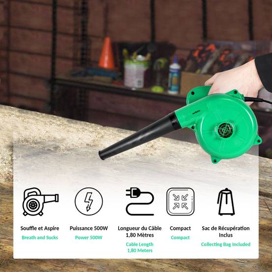 Mini Souffleur de Feuilles Electrique Sac de récupération Longueur du Câble 180cm Compact, Pratique et Léger Jardin - Image 3