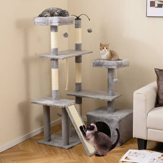 Arbre à Chat 136cm Maison de Jeu avec Poteaux à Griffer en Sisal Rampe 2 Perchoirs Rembourrés - Image 2