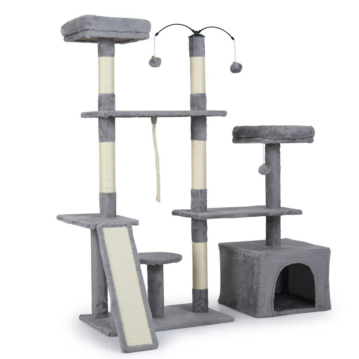 Arbre à Chat 136cm Maison de Jeu avec Poteaux à Griffer en Sisal Rampe 2 Perchoirs Rembourrés