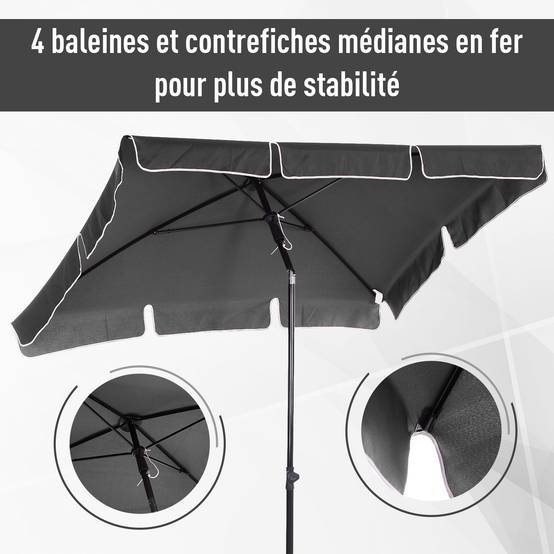 ComfortXL - Parasol droit rectangulaire aluminium jardin terrasse inclinable anti-UV 198x130cm gris - ComfortXL Outdoor Living - Image 10