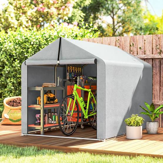 ComfortXL - Abri de rangement polyéthylène acier galvanisé 162 x 221,5 x 163 cm gris clair jardin porte enroulable - Image 1