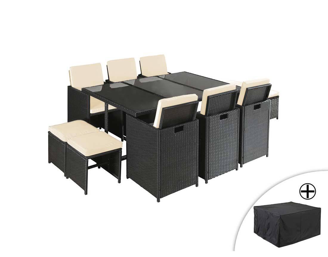 Best Mobilier - Fira - Salon de jardin encastrable 10 places - en résine tressée - Noir avec coussins beiges + housse de protection - Best Mobilier - Imagen 7