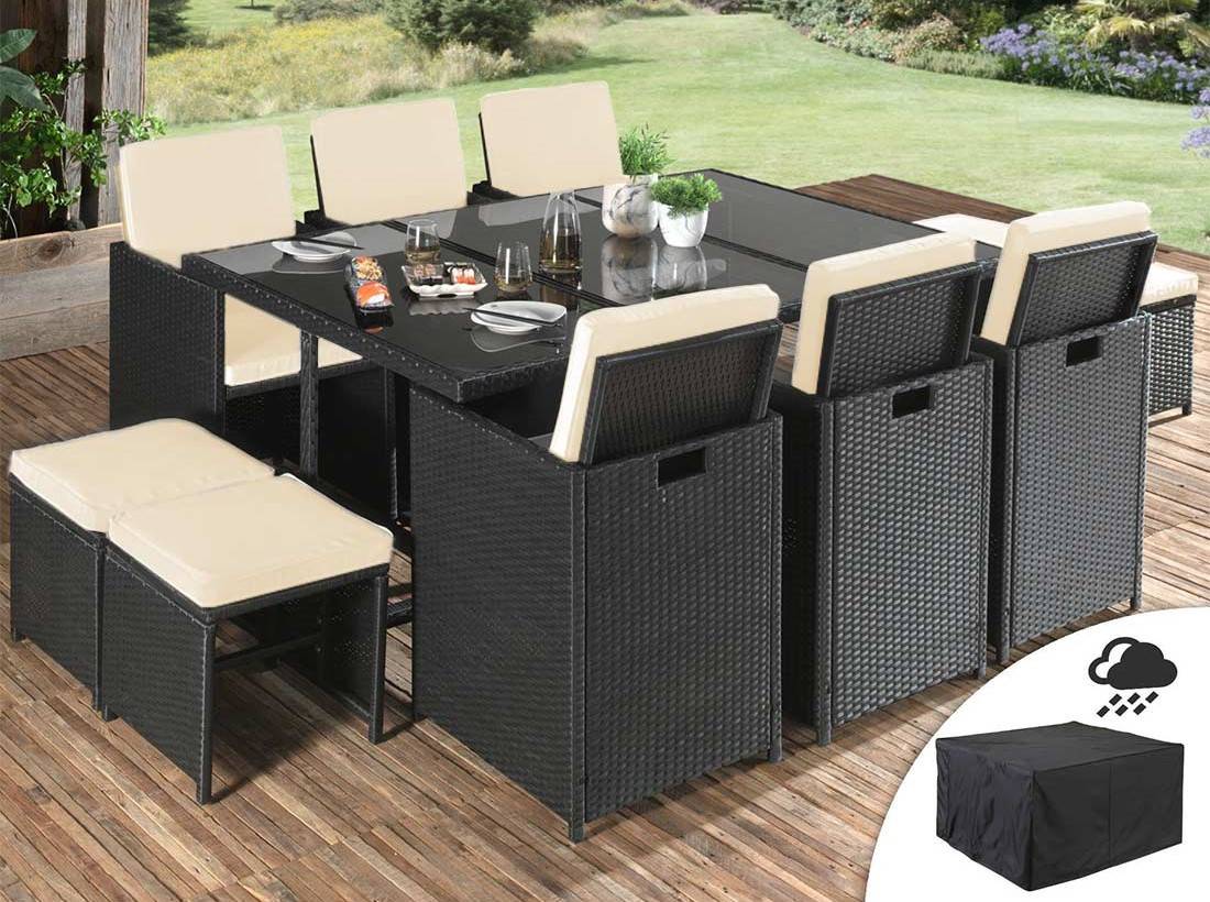 Best Mobilier - Fira - Salon de jardin encastrable 10 places - en résine tressée - Noir avec coussins beiges + housse de protection - Best Mobilier - Imagen 2