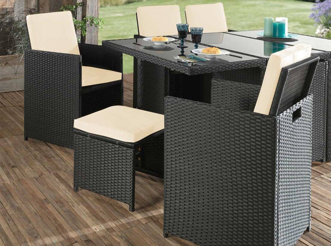 Best Mobilier - Fira - Salon de jardin encastrable 10 places - en résine tressée - Noir avec coussins beiges + housse de protection - Best Mobilier - Imagen 3