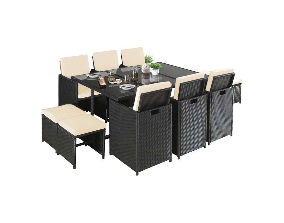 Best Mobilier - Fira - Salon de jardin encastrable 10 places - en résine tressée - Noir avec coussins beiges + housse de protection - Best Mobilier - Imagen 1