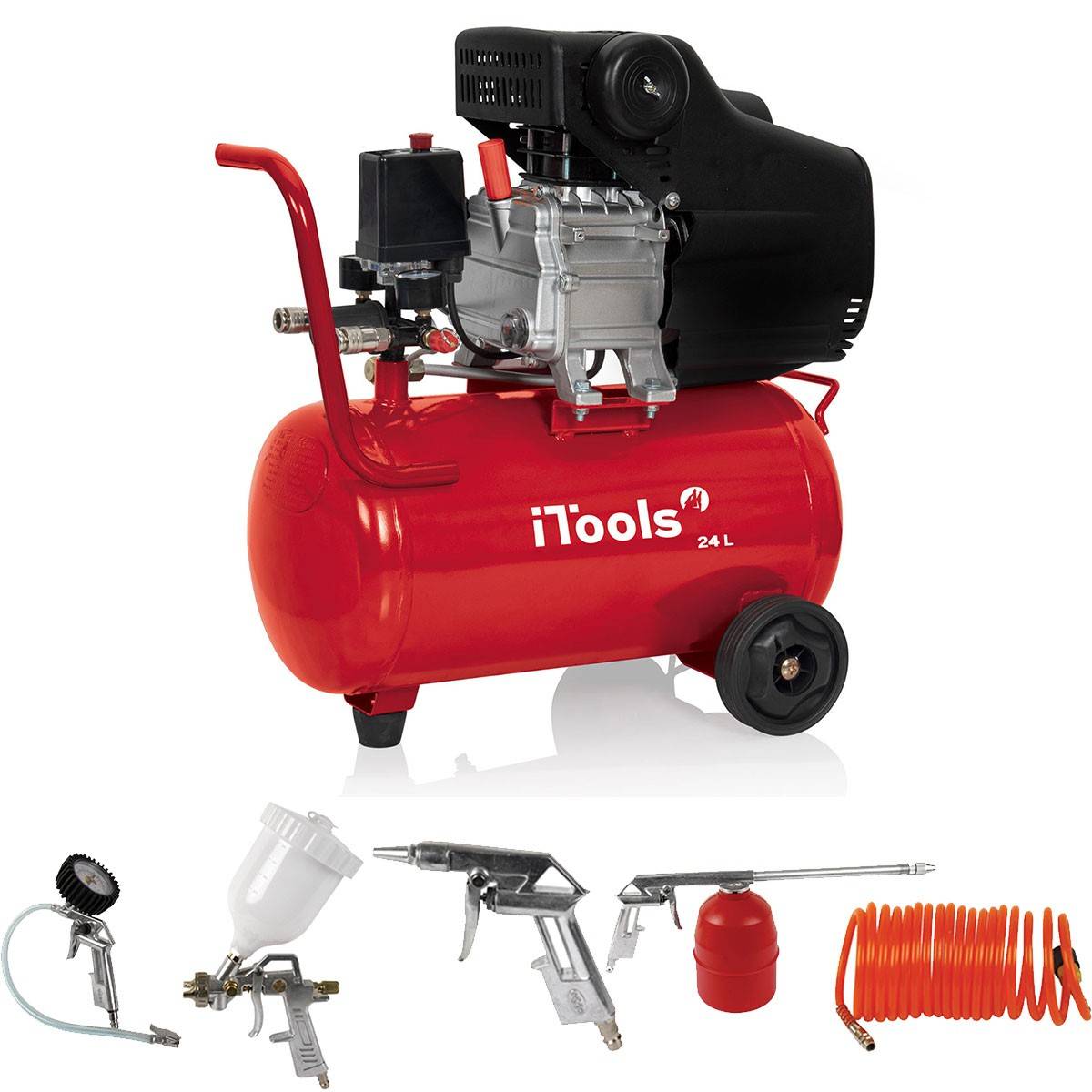 Compresseur d'air 24L 8 bar 2CV 1.5KW 115 PSI + Kit Air comprimé 5 Pièces ITOOLS - Imagen 1
