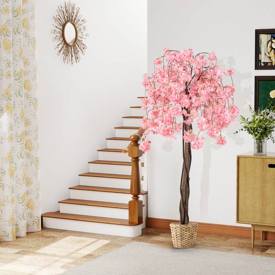 Cerisier Artificiel Réaliste 163 CM, Plante Artificielle en Pot avec Fleurs Roses et Blanches, Arbre Florale Décorative Intérieur Extérieur, Rose - Image 3