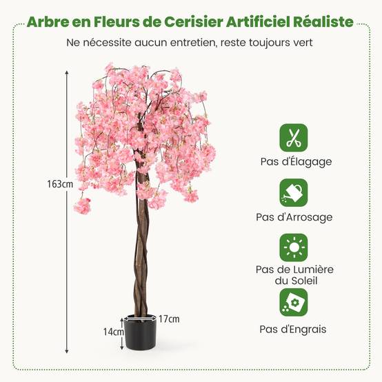Cerisier Artificiel Réaliste 163 CM, Plante Artificielle en Pot avec Fleurs Roses et Blanches, Arbre Florale Décorative Intérieur Extérieur, Rose - Image 4