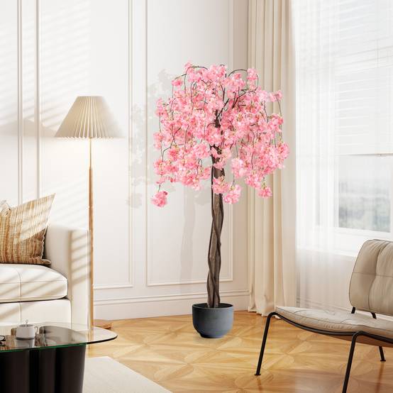 Cerisier Artificiel Réaliste 163 CM, Plante Artificielle en Pot avec Fleurs Roses et Blanches, Arbre Florale Décorative Intérieur Extérieur, Rose - Image 2