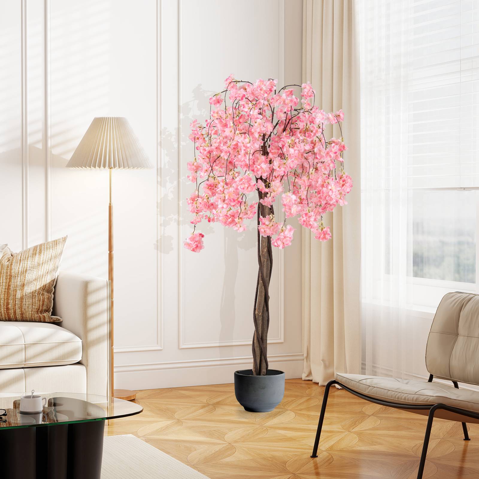 Cerisier Artificiel Réaliste 163 CM, Plante Artificielle en Pot avec Fleurs Roses et Blanches, Arbre Florale Décorative Intérieur Extérieur, Rose - Image 2