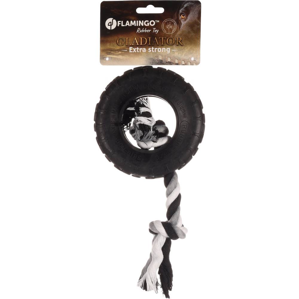 jeux caoutchouc gladiator pneu et corde 15 cm noir pour chien - Imagen 1
