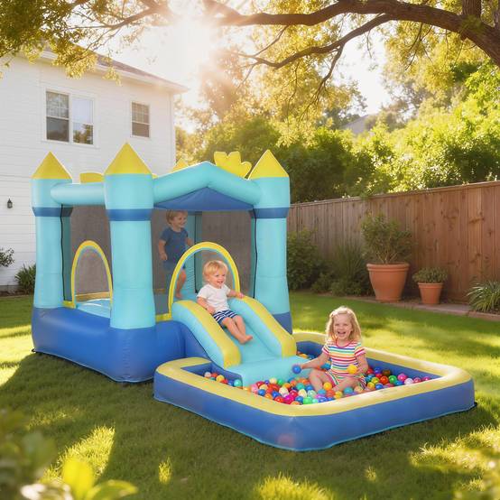 Château gonflable bleu souffleur toboggan trampoline piscine panier basket 3 à 8 ans - Image 3