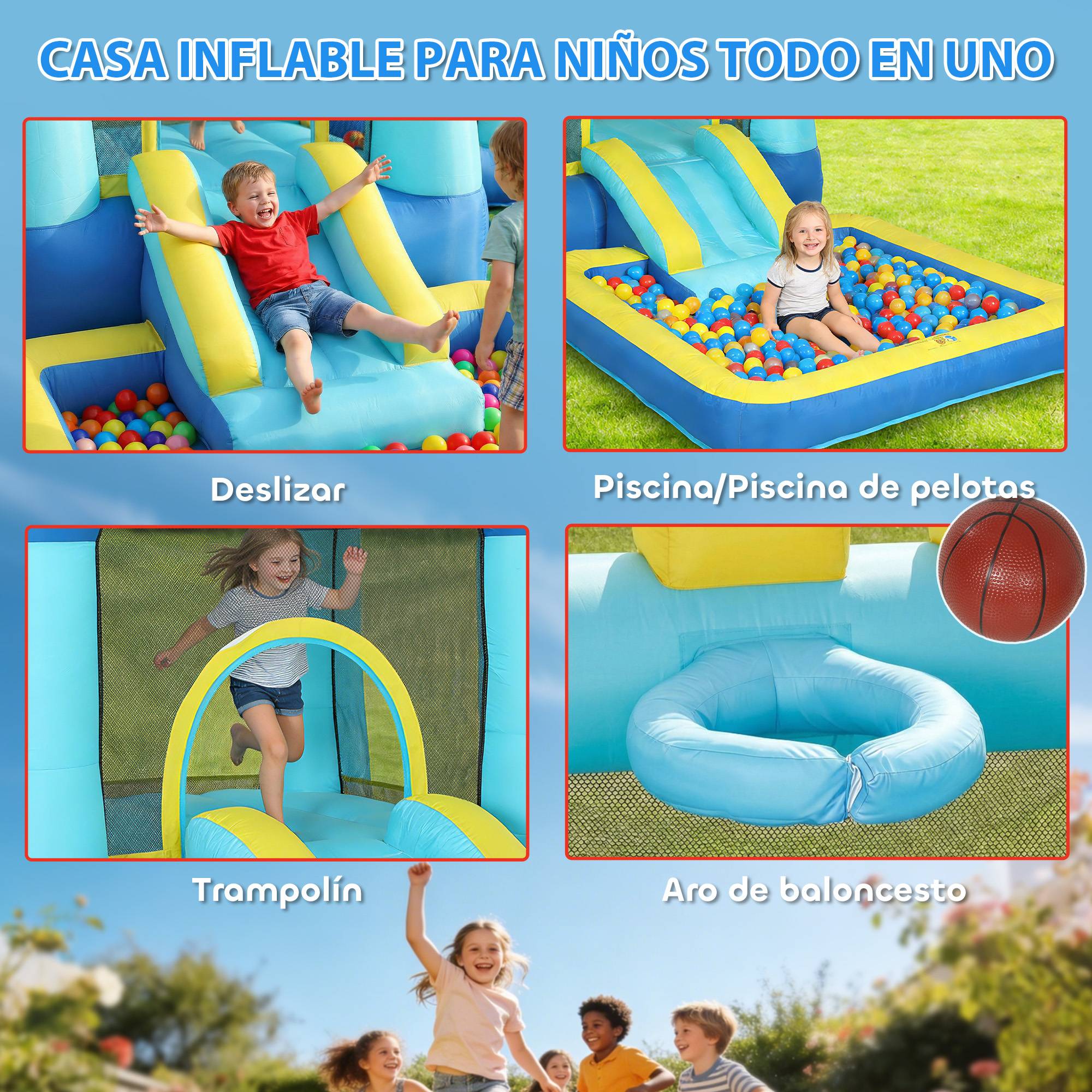 Château gonflable bleu souffleur toboggan trampoline piscine panier basket 3 à 8 ans - Image 6