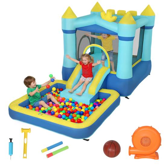 Château gonflable bleu souffleur toboggan trampoline piscine panier basket 3 à 8 ans - Image 2
