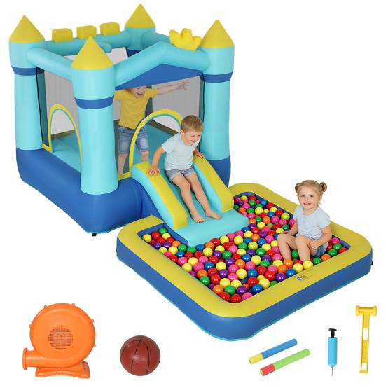 Château gonflable bleu souffleur toboggan trampoline piscine panier basket 3 à 8 ans - Image 1