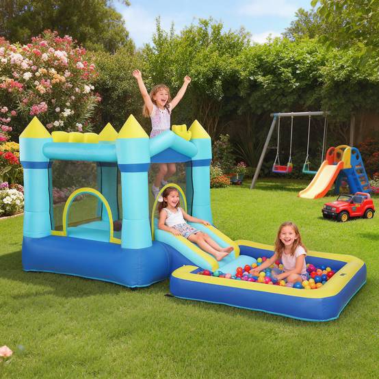 Château gonflable bleu souffleur toboggan trampoline piscine panier basket 3 à 8 ans - Image 4