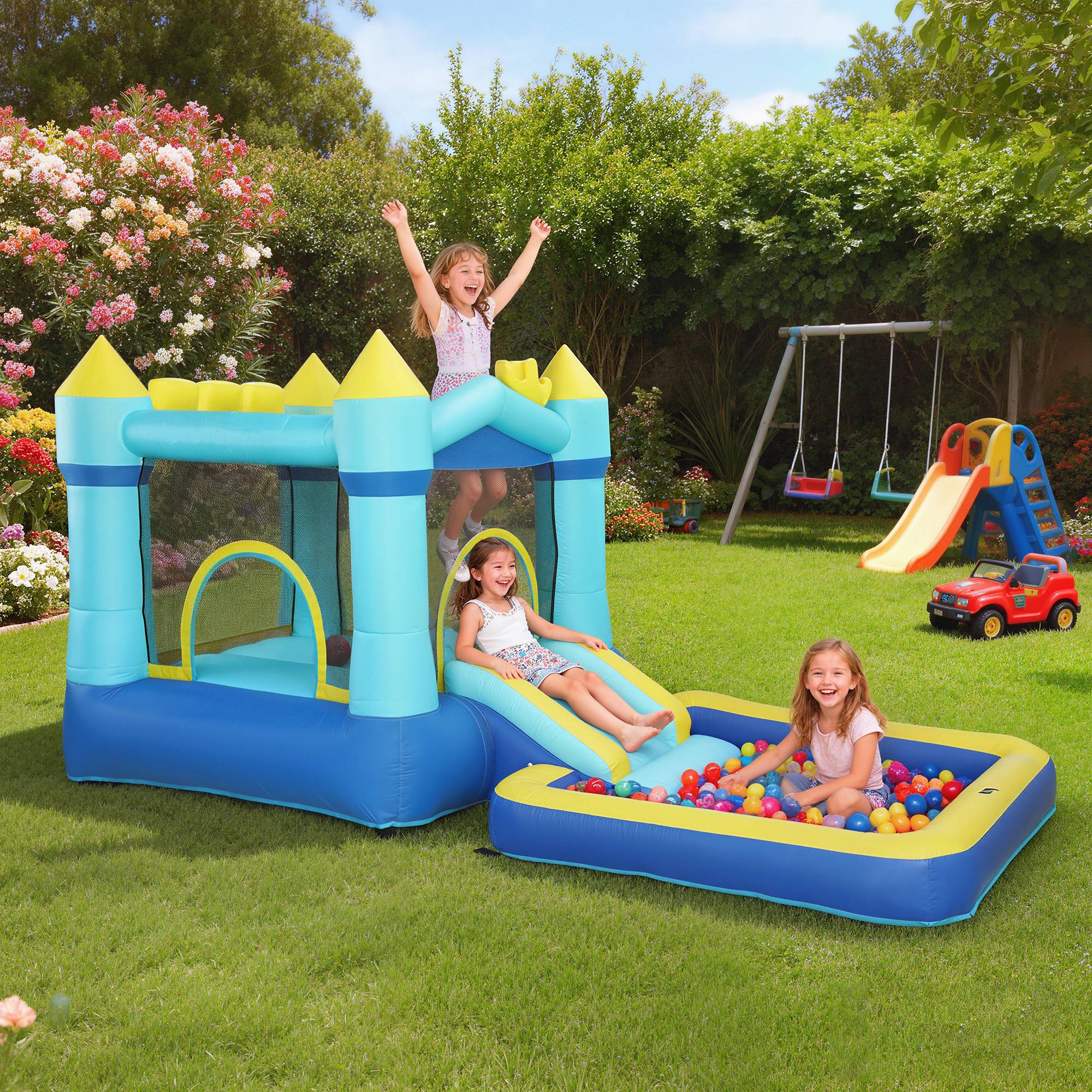 Château gonflable bleu souffleur toboggan trampoline piscine panier basket 3 à 8 ans - Image 4