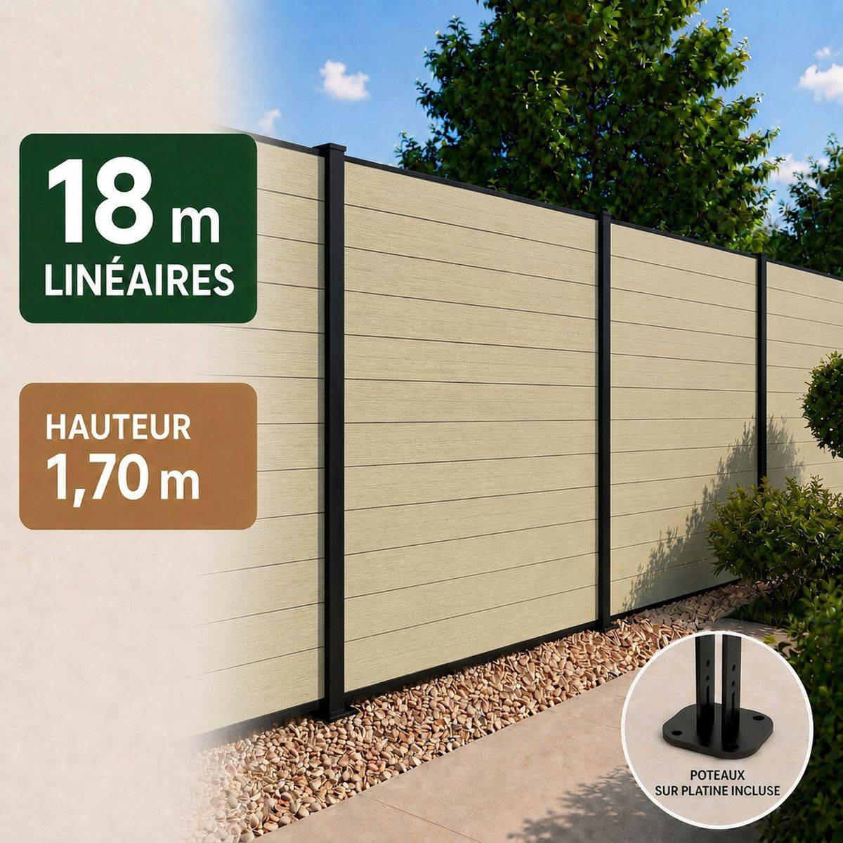 Direct Abris - Kit clôture RECIFE Bois Composite sable 18,07m poteau 60x70mm noir sur platines 1,7m - Image 1