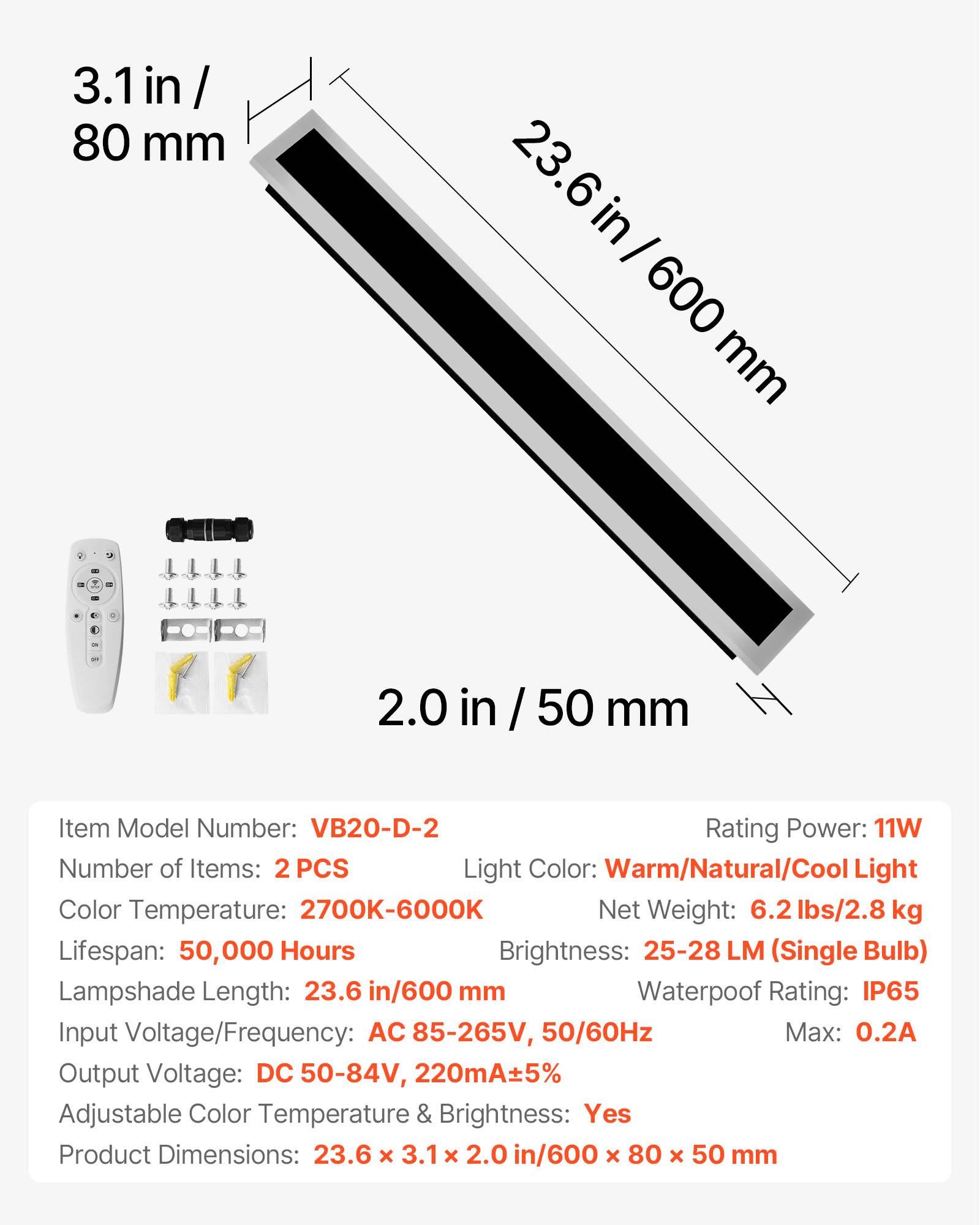 VEVOR Applique Murale Extérieur Éclairage LED 11 W Lot de 2 60 cm 2700 K-6000 K - Image 7