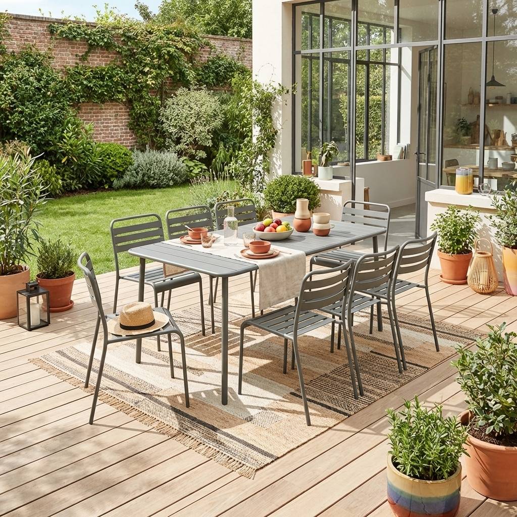 sweeek - Table de jardin métal + 8 assises kaki traitement antirouille. lattes et bords arrondis | sweeek - Image 1