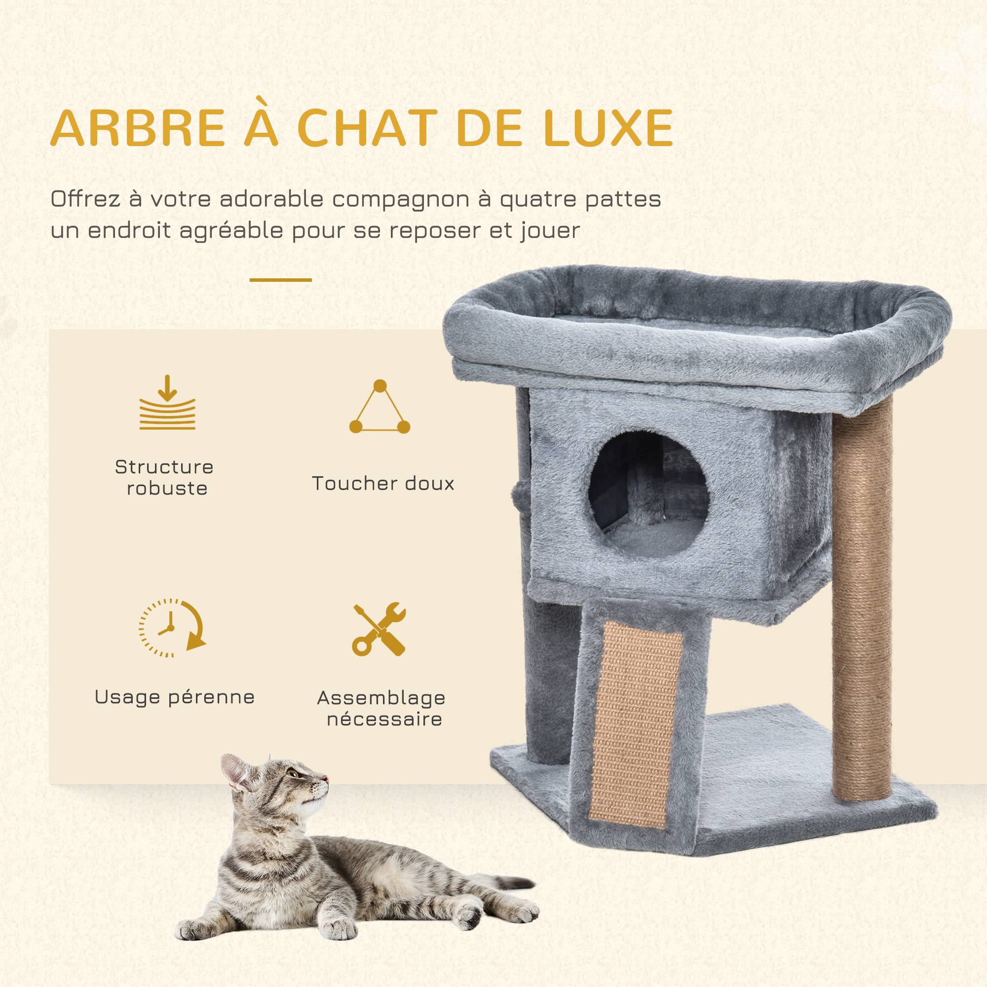 Arbre à chat panneaux de particules intérieur tapis griffoir jute 40x40x57cm gris - ComfortXL Outdoor Living - Image 6