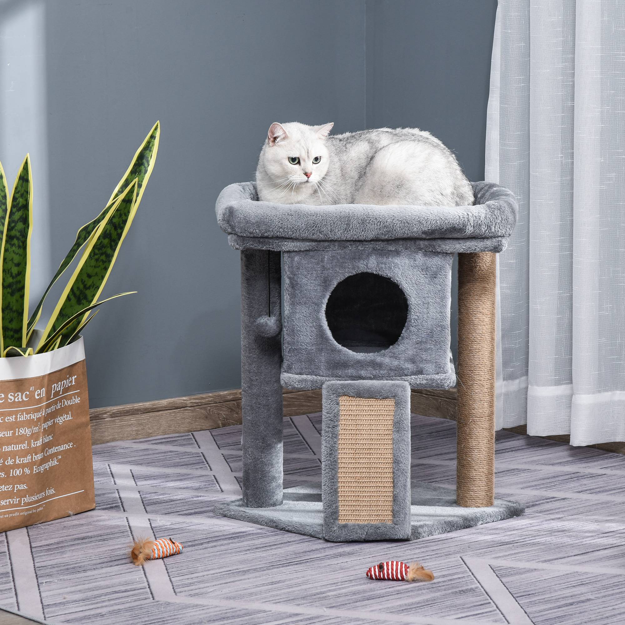 Arbre à chat panneaux de particules intérieur tapis griffoir jute 40x40x57cm gris - ComfortXL Outdoor Living - Image 3