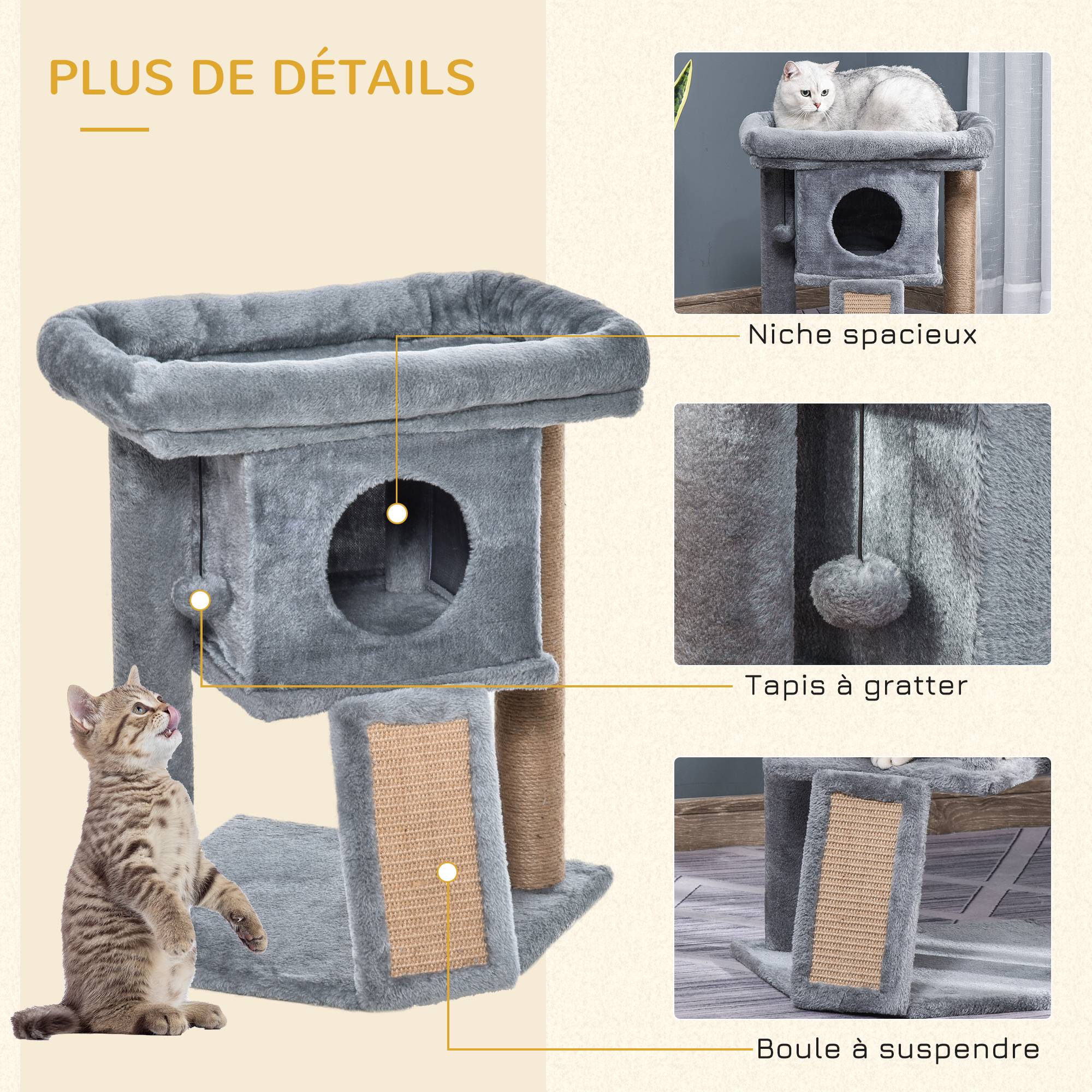 Arbre à chat panneaux de particules intérieur tapis griffoir jute 40x40x57cm gris - ComfortXL Outdoor Living - Image 7