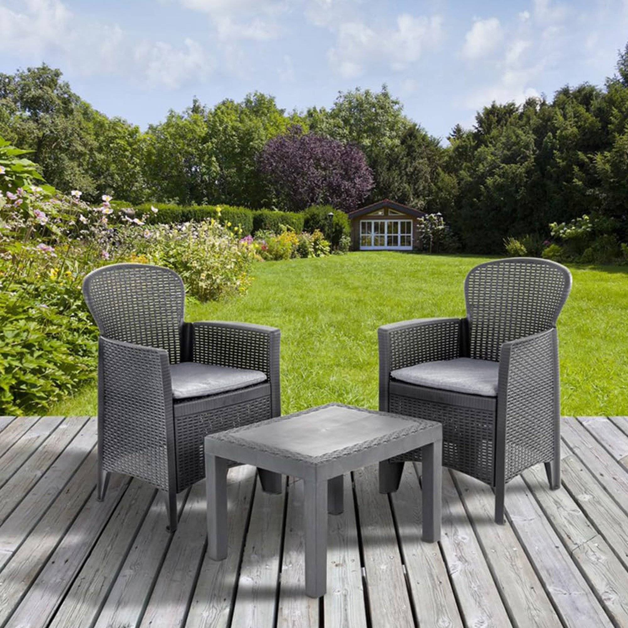Dmora - Ensemble de salon d'extérieur Dzucco, Composition de jardin avec 2 fauteuils et 1 table basse, Salon effet rotin avec coussins, Anthracite - Dmora - Imagen 2