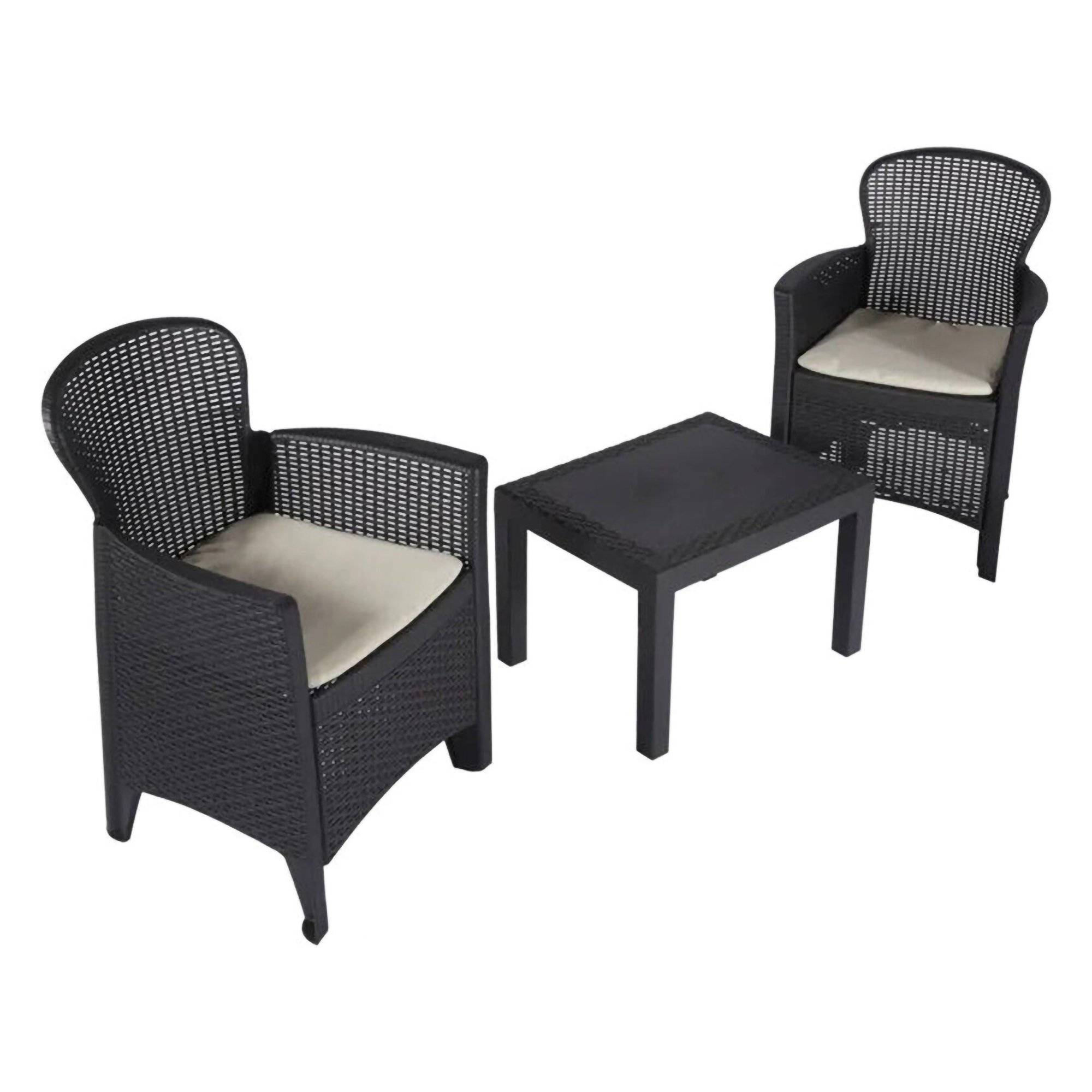 Dmora - Ensemble de salon d'extérieur Dzucco, Composition de jardin avec 2 fauteuils et 1 table basse, Salon effet rotin avec coussins, Anthracite - Dmora - Imagen 4