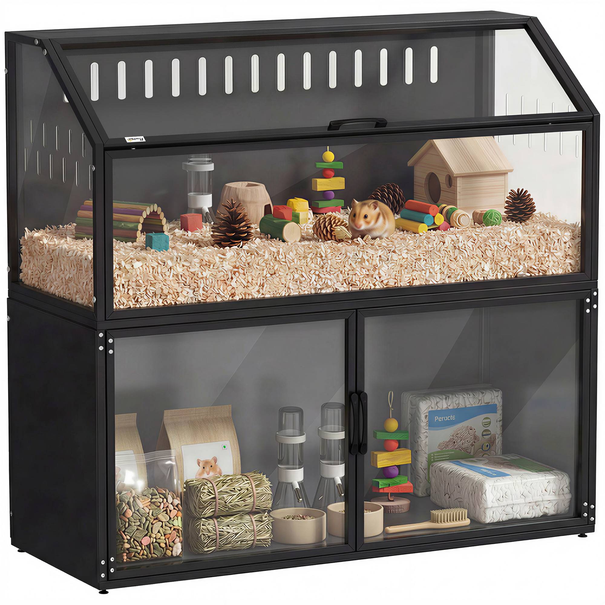 Cage rongeurs acier acrylique 2-en-1 armoire rangement intégrée aération 104x41x102cm noir - ComfortXL Outdoor Living - Image 1