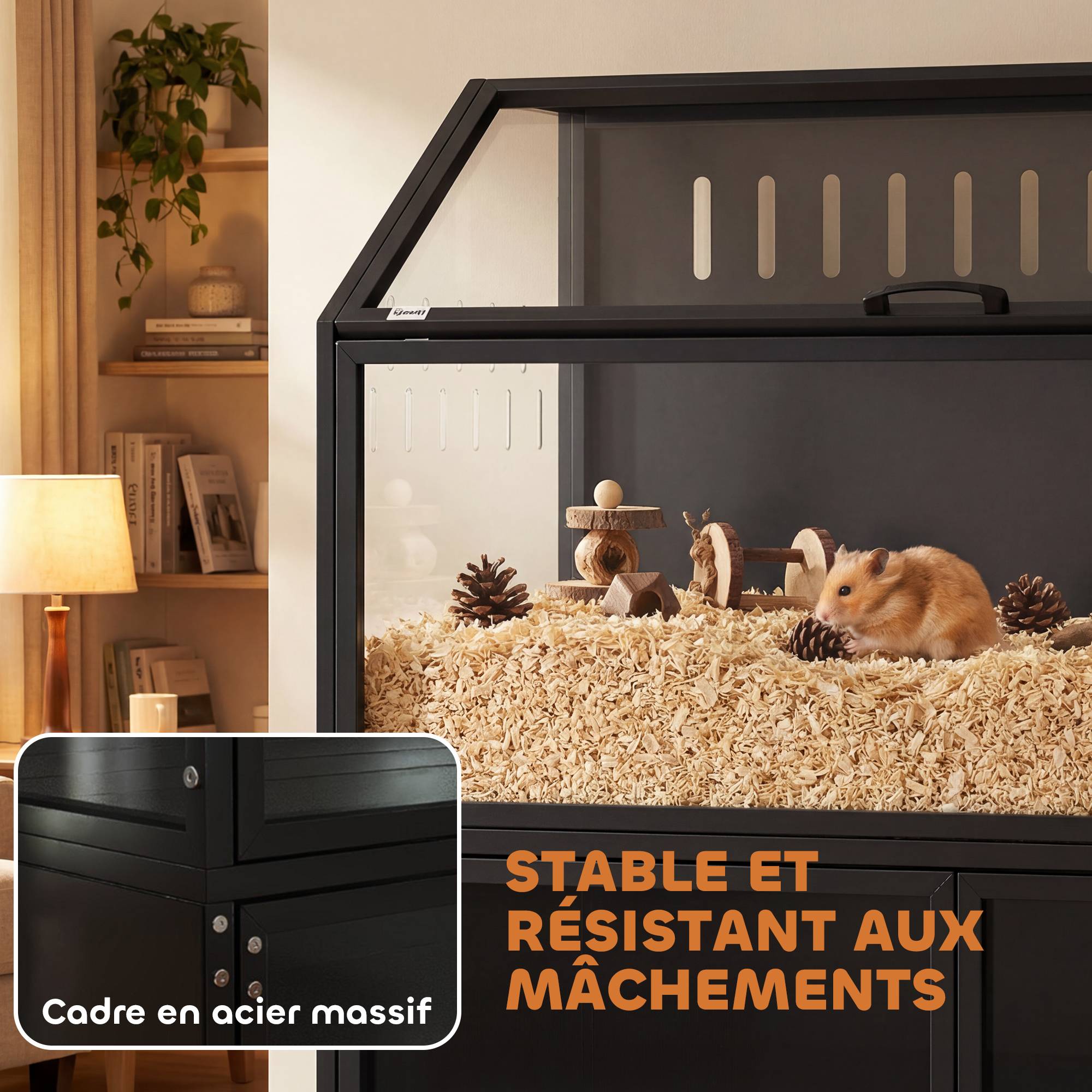 Cage rongeurs acier acrylique 2-en-1 armoire rangement intégrée aération 104x41x102cm noir - ComfortXL Outdoor Living - Image 9