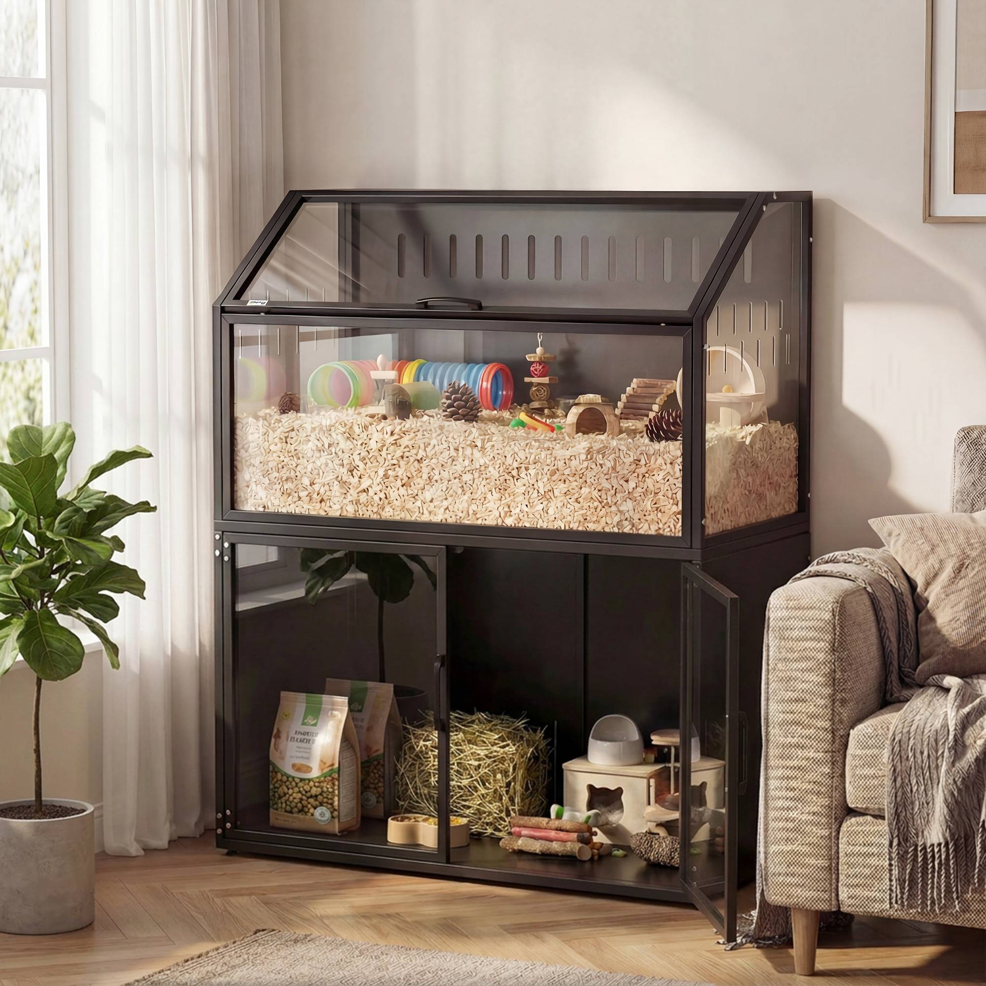 Cage rongeurs acier acrylique 2-en-1 armoire rangement intégrée aération 104x41x102cm noir - ComfortXL Outdoor Living - Image 3