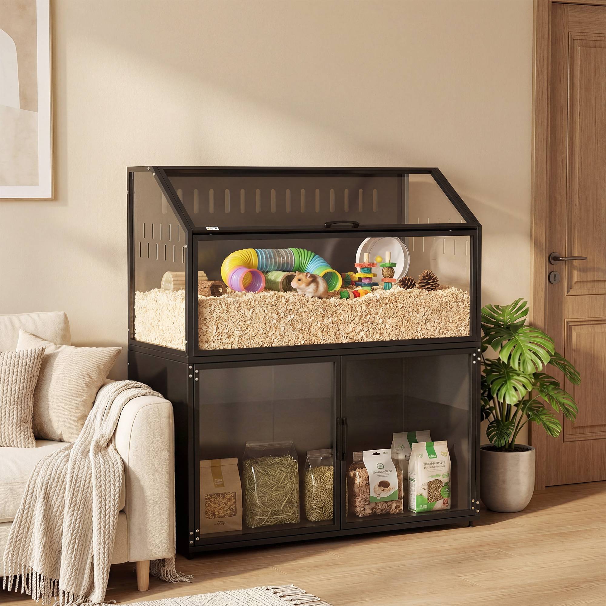 Cage rongeurs acier acrylique 2-en-1 armoire rangement intégrée aération 104x41x102cm noir - ComfortXL Outdoor Living - Image 4