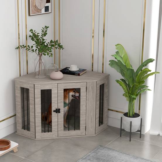 Cage pour chien en bois, avec coussin et verrou, 104 x 55 x 63 cm, noyer - PANGIVO - Image 2