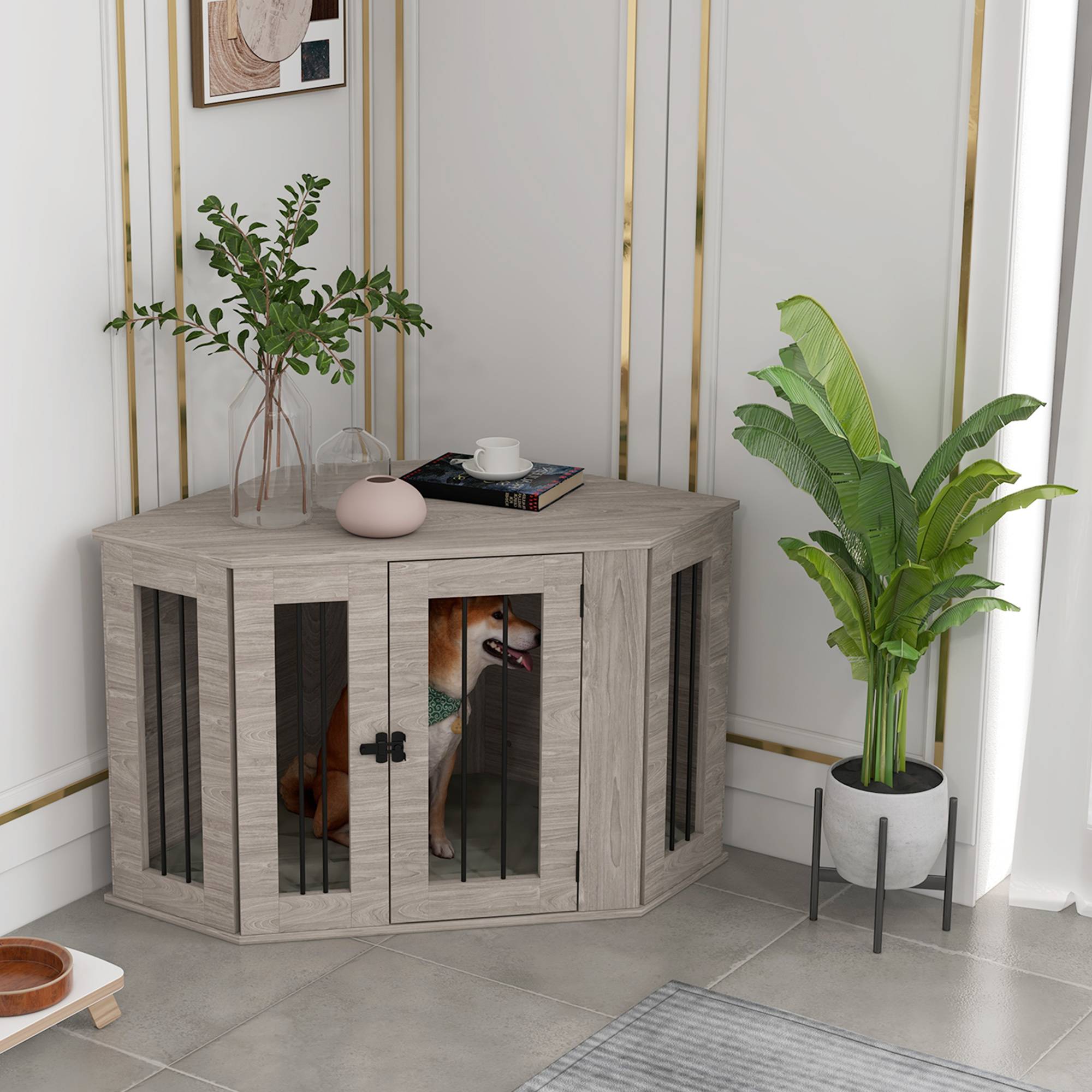 Cage pour chien en bois, avec coussin et verrou, 104 x 55 x 63 cm, noyer - PANGIVO - Image 2