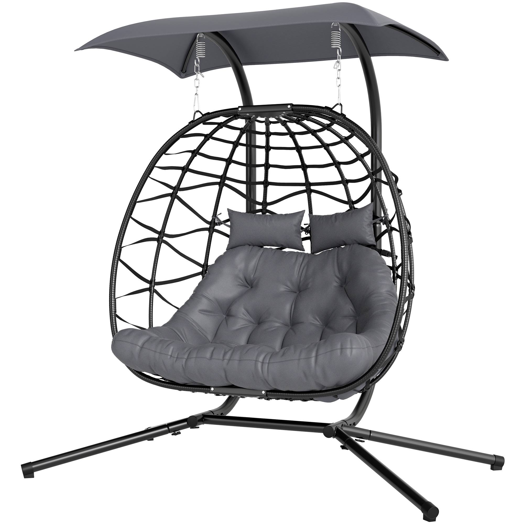 ComfortXL - Fauteuil suspendu 2 places en résine tressée acier gris foncé avec auvent extérieur pliable et confortable - Image 2