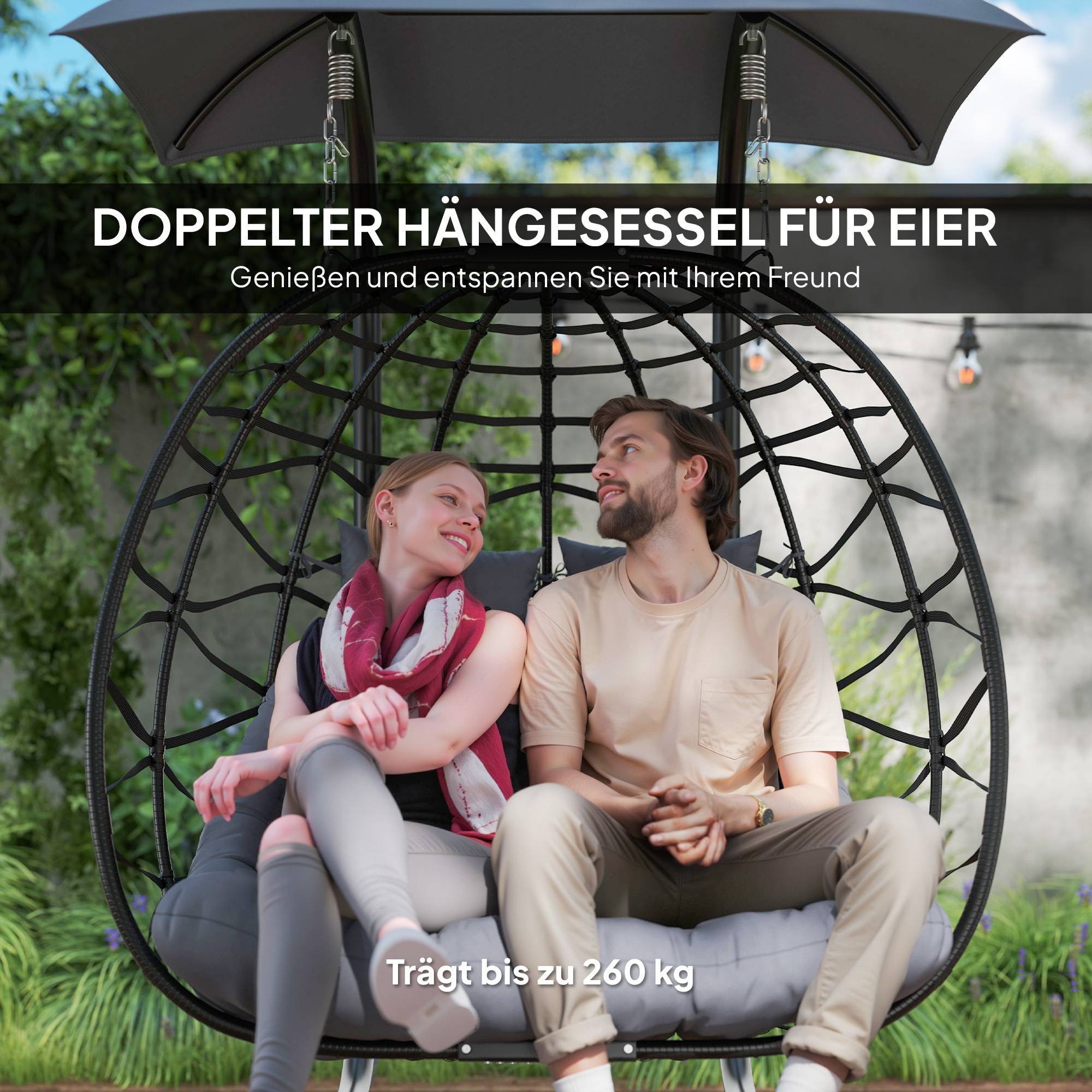 ComfortXL - Fauteuil suspendu 2 places en résine tressée acier gris foncé avec auvent extérieur pliable et confortable - Image 4