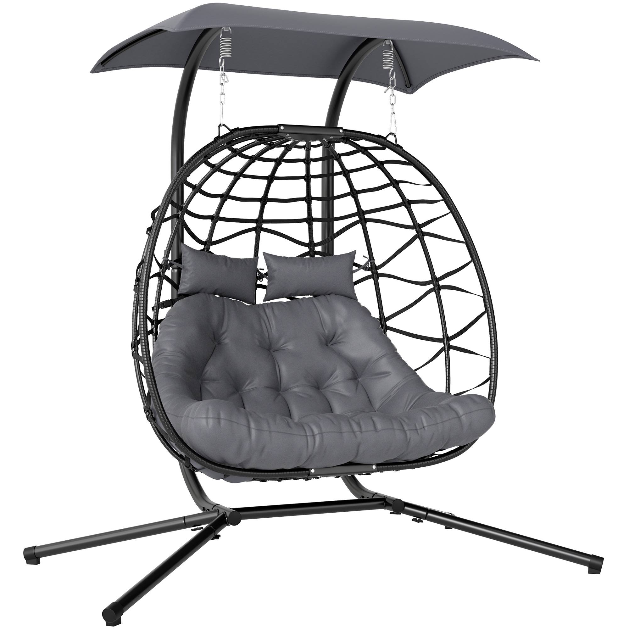 ComfortXL - Fauteuil suspendu 2 places en résine tressée acier gris foncé avec auvent extérieur pliable et confortable - Image 10
