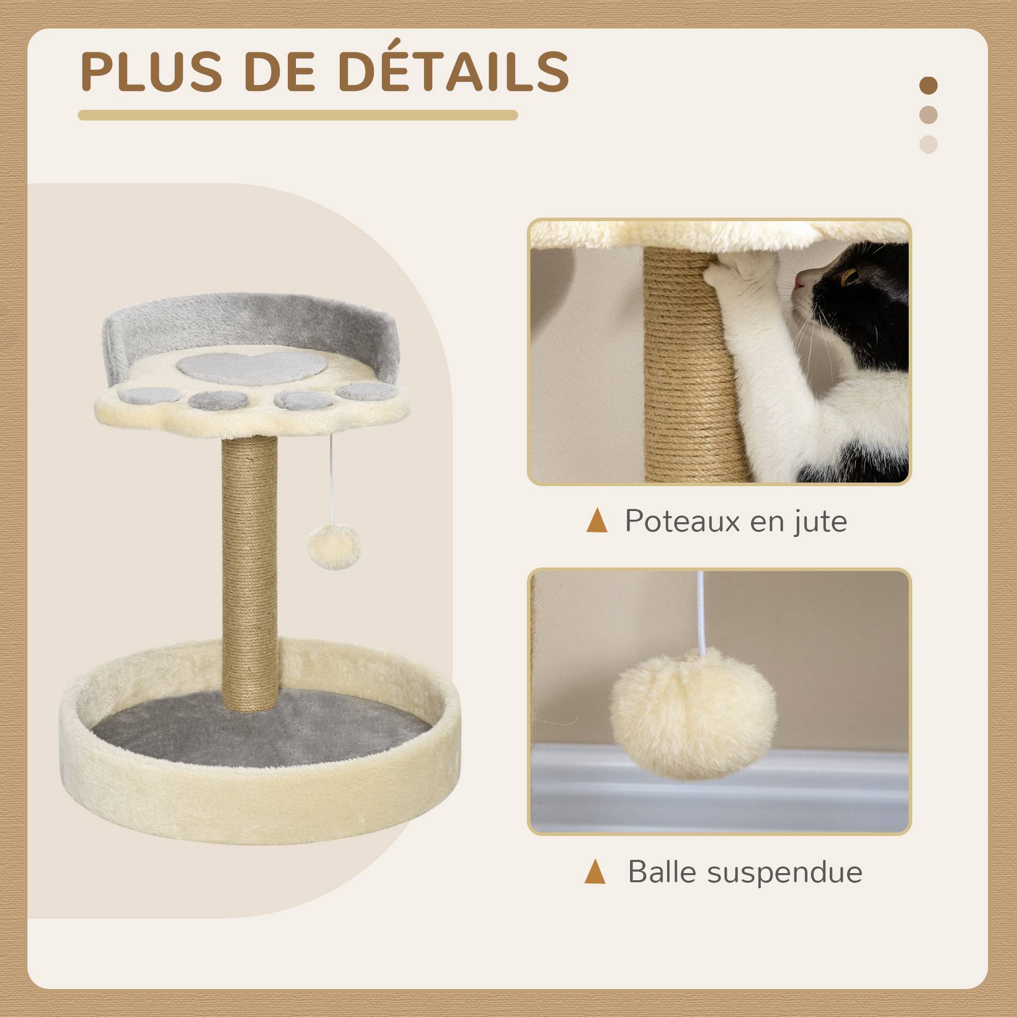 Pawhut - Arbre à chat griffoir design patte de chat jeu boule suspendue panier plateforme observation peluche beige gris jute naturelle - Imagen 5