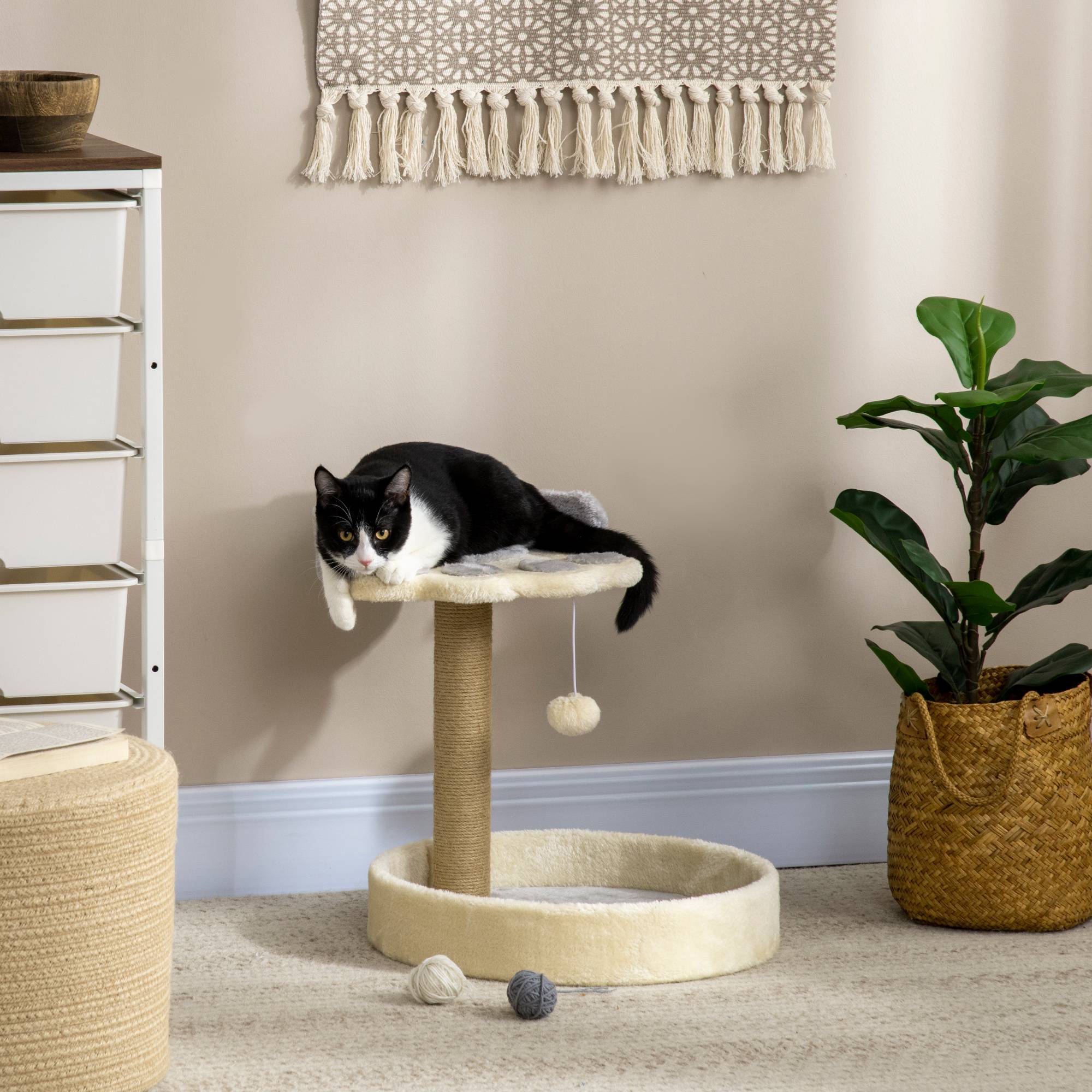 Pawhut - Arbre à chat griffoir design patte de chat jeu boule suspendue panier plateforme observation peluche beige gris jute naturelle - Imagen 2