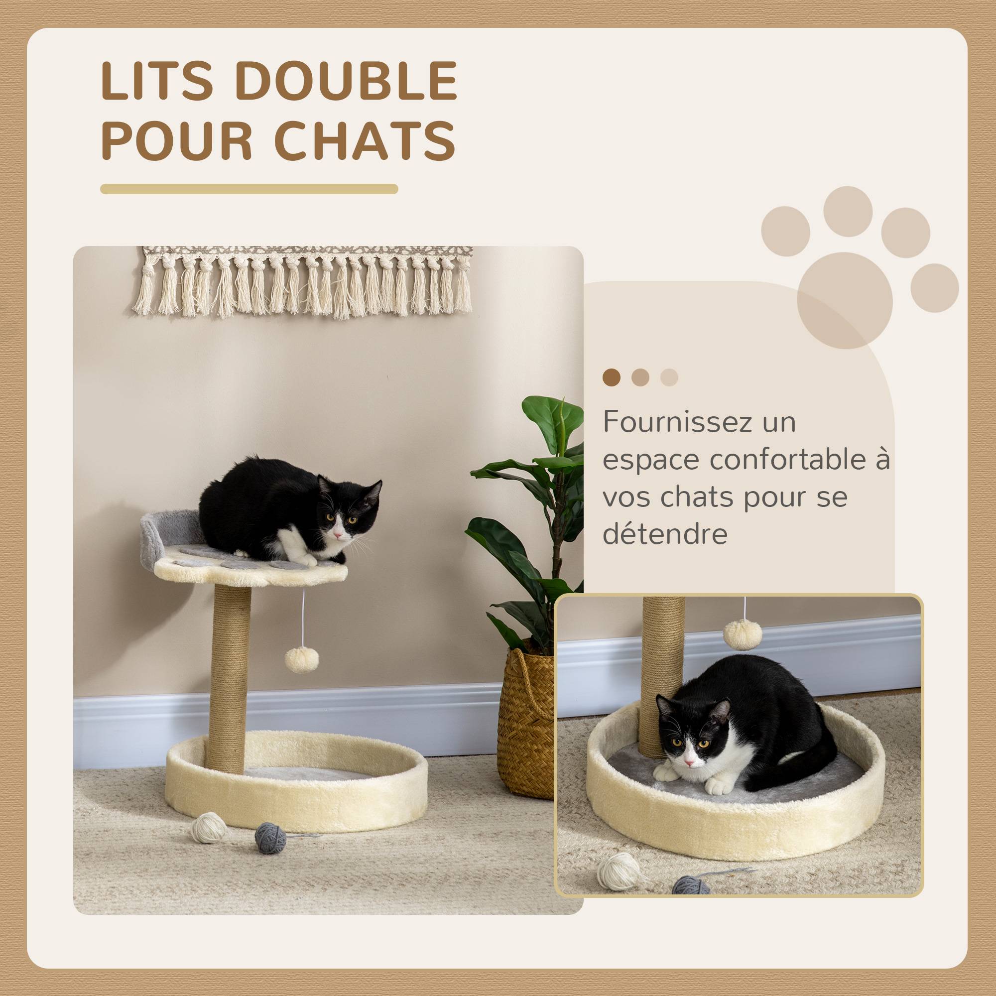 Pawhut - Arbre à chat griffoir design patte de chat jeu boule suspendue panier plateforme observation peluche beige gris jute naturelle - Imagen 4