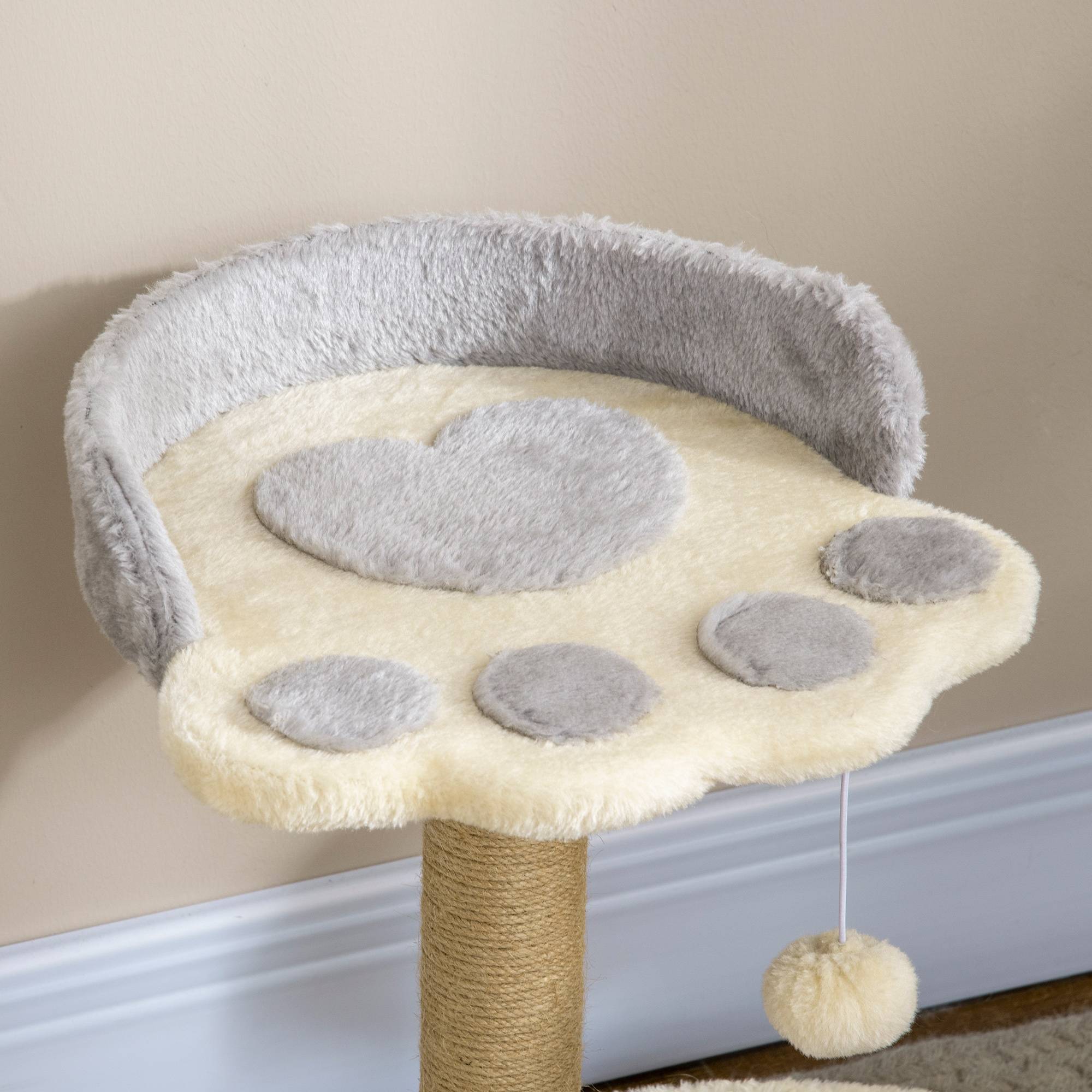 Pawhut - Arbre à chat griffoir design patte de chat jeu boule suspendue panier plateforme observation peluche beige gris jute naturelle - Imagen 8